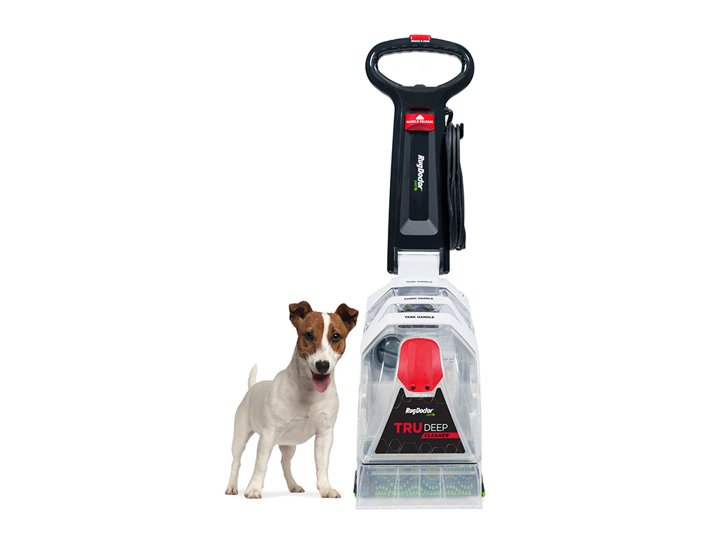 TruDeep Cleaner® professional-level carpet cleaner: straight on view with dog